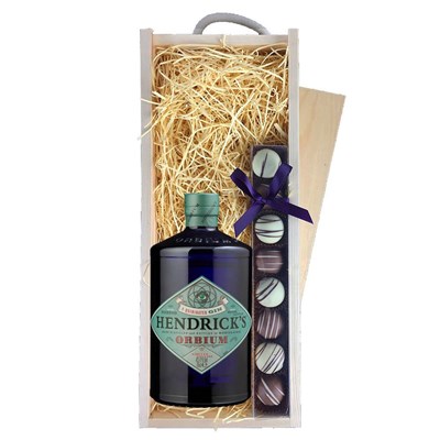 Hendricks Orbium Gin 70cl & Heart Truffles, Wooden Box